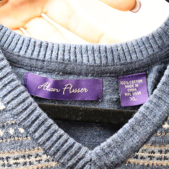 Alan Flusser Men’s Cotton Sweater Blue Fair Isle Stripe XL - Picture 6 of 6